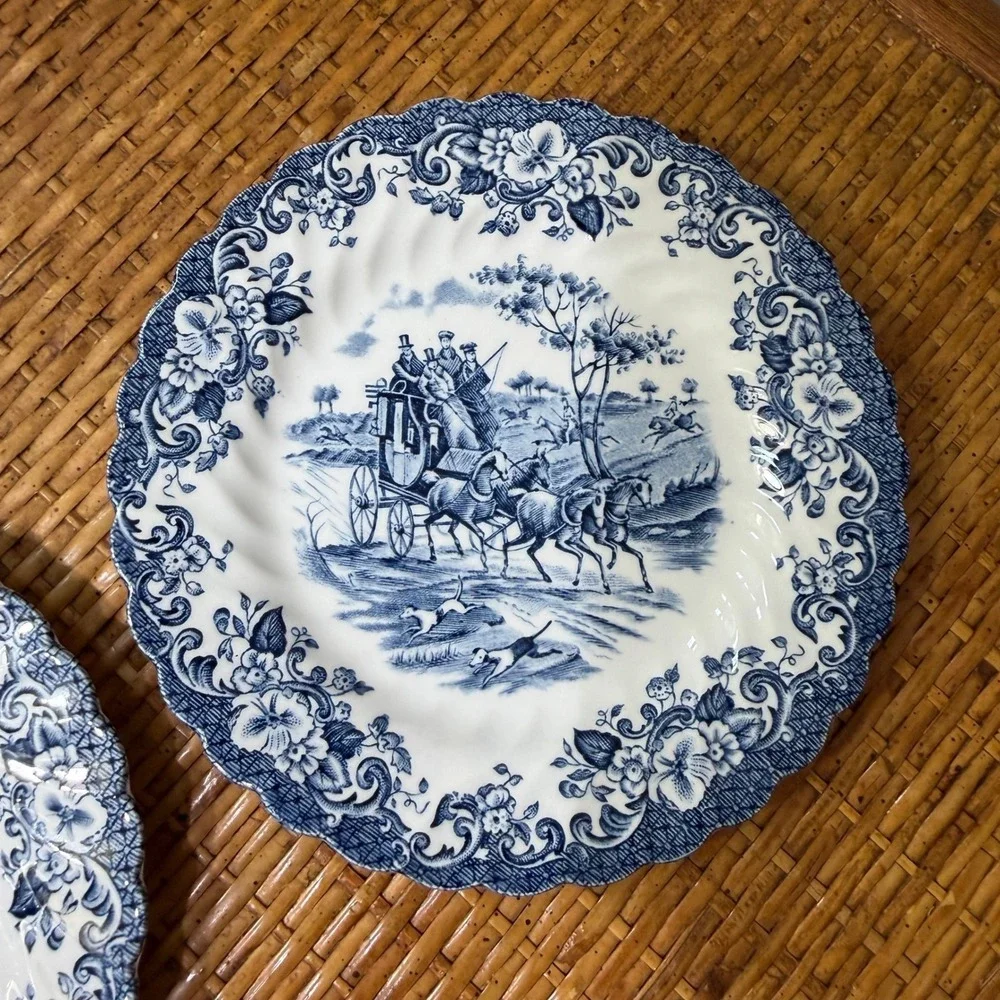 Vintage Johnson Brothers Coaching Scenes Blue Bread Butter Plates Pair